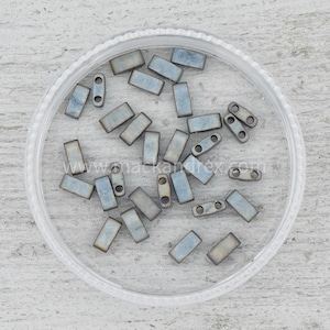 May include: A close-up of a small container filled with gray and silver rectangular beads. The beads have two holes in them and are scattered randomly in the container.