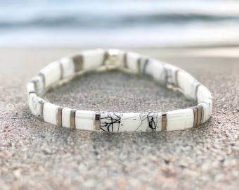 GLAM™ - Stretchy White Tila Beaded Bracelet | Boho Tila Bracelet for Women | Waterproof, Stackable Glass Tile Bracelet | Mack & Rex Bracelet