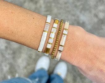 ALLURE™ - Set of 4 Tila Bead Bracelet Stack | Waterproof Bracelets | White Marble, Coconut & Gold Miyuki Bracelets | Mack and Rex bracelet