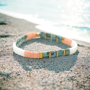 BEACH VACATION - Trendy Beaded Bracelets for Women | Boho Chic Tila Bracelet Stacks | Waterproof Stretch Bracelets with Glass Tile Beads