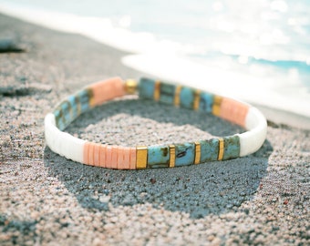 BEACH VACATION - Trendy Beaded Bracelets for Women | Boho Chic Tila Bracelet Stacks | Waterproof Stretch Bracelets with Glass Tile Beads