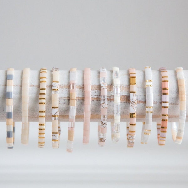 Tile Beaded Bracelets for Women - Stretchy Tila Bead Bracelets | Neutral Minimalist Bracelets | Boho Jewelry Stacks | High Quality Bracelets