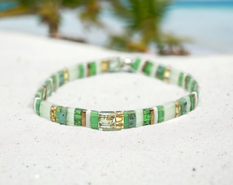 FIFI™ Handmade Tila Bead Bracelet | Bohemian Bracelet | Beaded Bracelet | Tile Bracelet | Durable Stretch Bracelet | Green Bead Bracelet