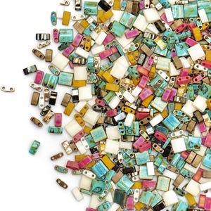 May include: A large assortment of colorful glass seed beads in various shapes and sizes. The beads are a mix of turquoise, gold, white, pink, and brown.