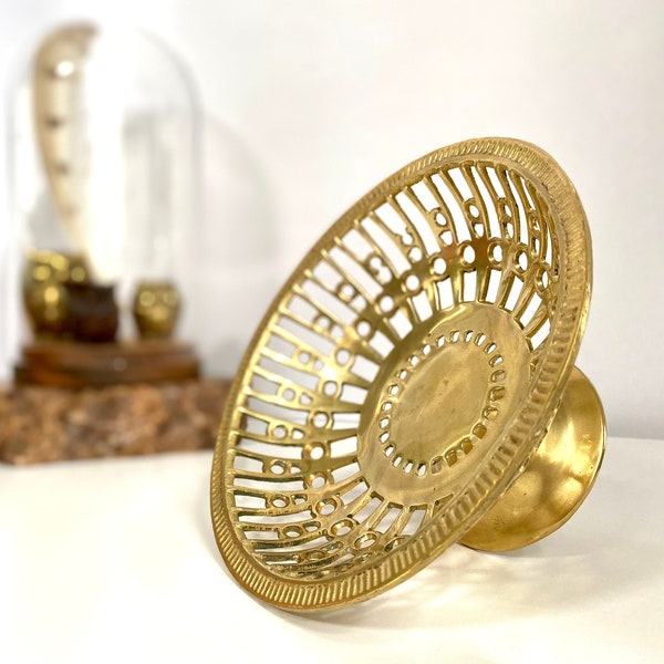 Vintage Pierced Brass Pedestal Dish | Footed Brass Dish