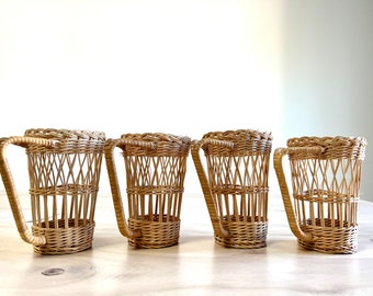 Vintage Midcentury Wicker Rattan Woven Straw Cup or Glass Holder Set of Six EUC 