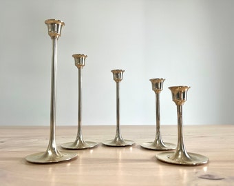 Vintage Solid Brass Graduated Candlestick Holders, Set of 5