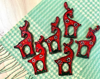 Vintage Red Reindeer Napkin Rings, Christmas Napkin rings, Set of 6