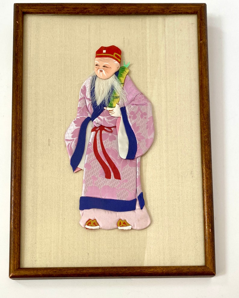 Vintage Chinese Framed Silk God of Immortality Lucky Gods Fu Lu Shou image 3