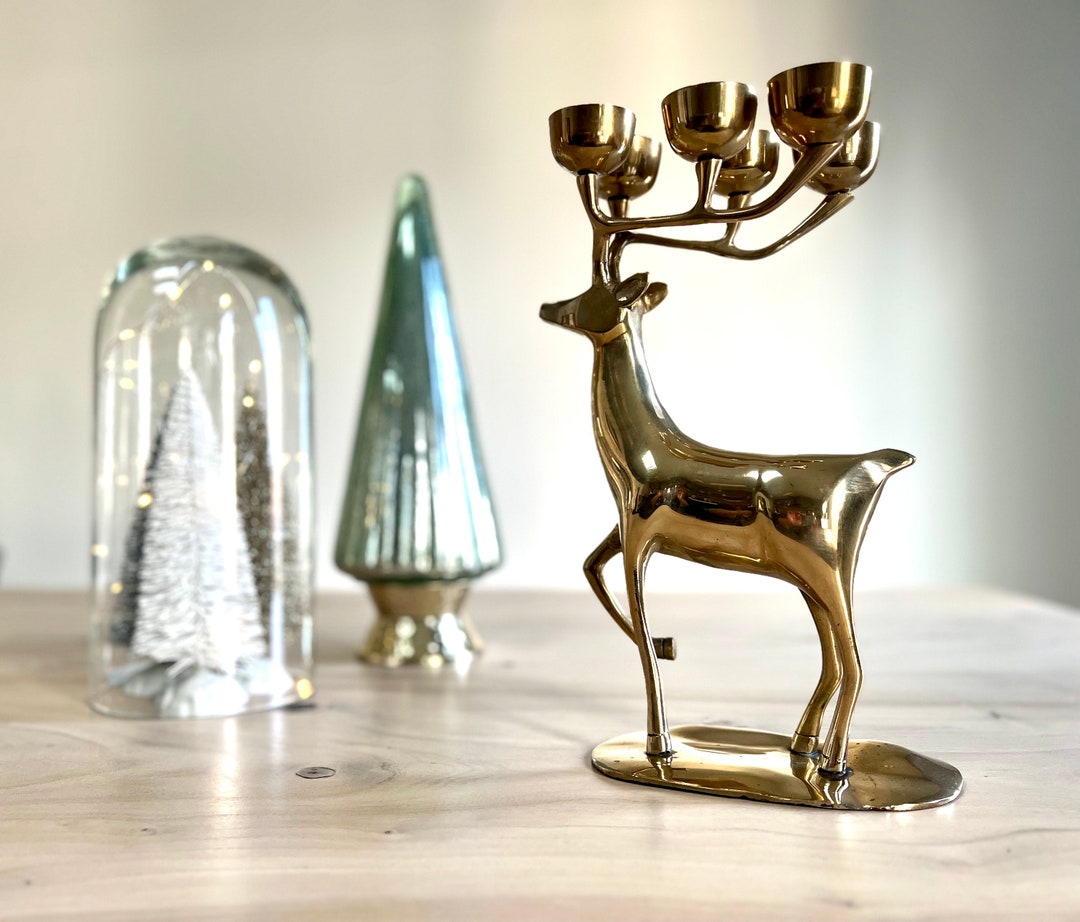 Large Vintage Brass Reindeer Candle Holder Etsy