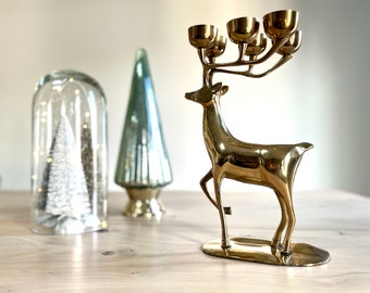 Large Vintage Brass Reindeer Candle Holder