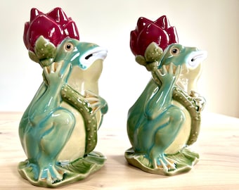 Large Pair of Porcelain Frog Candle Holders - Stamped Original - Wanjiang China