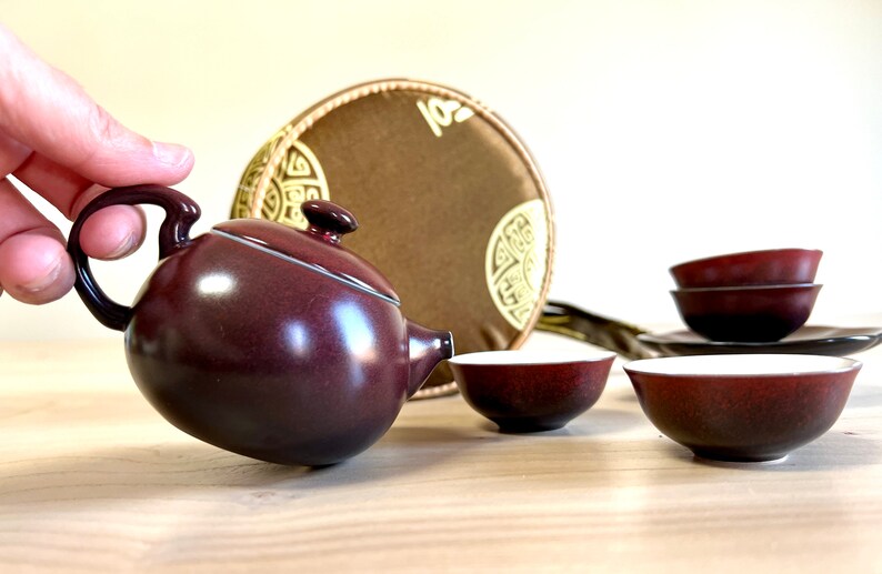 Vintage Portable Asian Tea Set with Satin Travel Case image 3