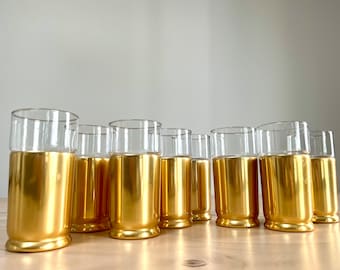 Set of 8, Vintage Gold Neocraft Everlast Metal and Glass Tumblers, Insulated Glass Tumblers