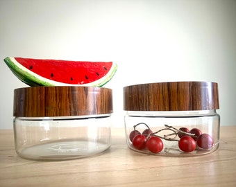 Vintage Pyrex See N Store Glass Containers w/Faux wood tops, Set of 2