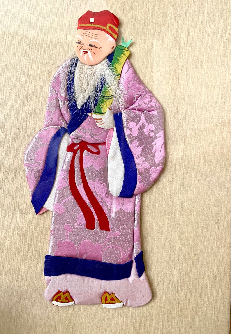 Vintage Chinese Framed Silk God of Immortality Lucky Gods Fu Lu Shou image 5