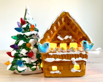 Vintage Ceramic Lighted Swiss House and Christmas Tree