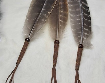 10"-12" TURKEY SMUDGE FEATHER - Prayer, Ceremonial, Spiritual, Saging,  Feather. Deerskin Hide Wrapped Quill with Sinew & Beaded 4" Fringe.