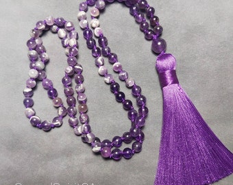 AMETHYST 108 MALA BEADS: Hand-Knotted 6mm Tassel Prayer Necklace for Mantra, Meditation, Affirmation, Intention, Yoga.  Prayer. Crown Chakra