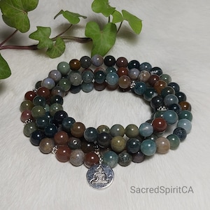 INDIAN AGATE Buddha Pendant 108 Prayer Mala Necklace, Wrap Bracelet, Elastic Cord, 8mm Beads with Zinc Alloy Accents for Yoga & Meditation.