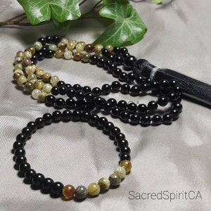 Gemstone 108 Mala Necklace, Bracelet, Lotus Soy Candle GIFT SET. Hand-Knotted 6mm Buddhist Prayer Beads for Meditation, Mantra, Yoga.