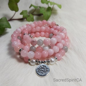 PINK CHALCEDONY QUARTZ Lotus Flower Pendant 108 Prayer Mala Necklace, Wrap Bracelet, Elastic Cord, 8mm Beads with Zinc Alloy Accents.