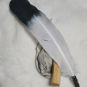 10&quot;-12&quot; WHITE + BLACK (Dyed) TIP Turkey Feather & Sage Torch. Prayer, Ritual, Ceremonial, Spiritual, Saging. Leather Wrapped, Beaded Fringe.