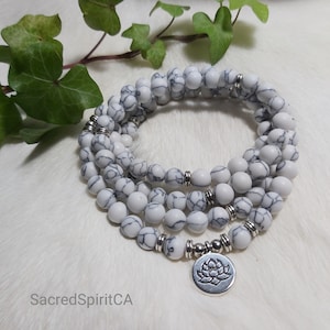 HOWLITE Lotus Flower Pendant 108 Prayer Mala Necklace, Wrap Bracelet, Elastic Cord, 8mm Beads with Zinc Alloy Accents for Meditation.