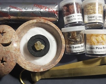 SOAPSTONE 2-pc Multi-Burner Kit:  6-Pack Sample Resin Set, Tong, Charcoal Roll, Storage Vials. Altar Decor. Mindfulness Gift under 40.00.