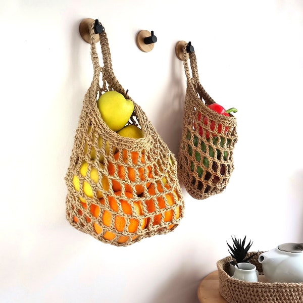 Mesh hanging fruit basket, woven basket, wall basket set, wall hanging basket, farmhouse kitchen storage basket, vegetable storage bag