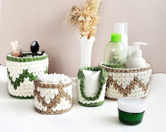 Set of four  round cotton rope baskets. Vanity makeup organizer.