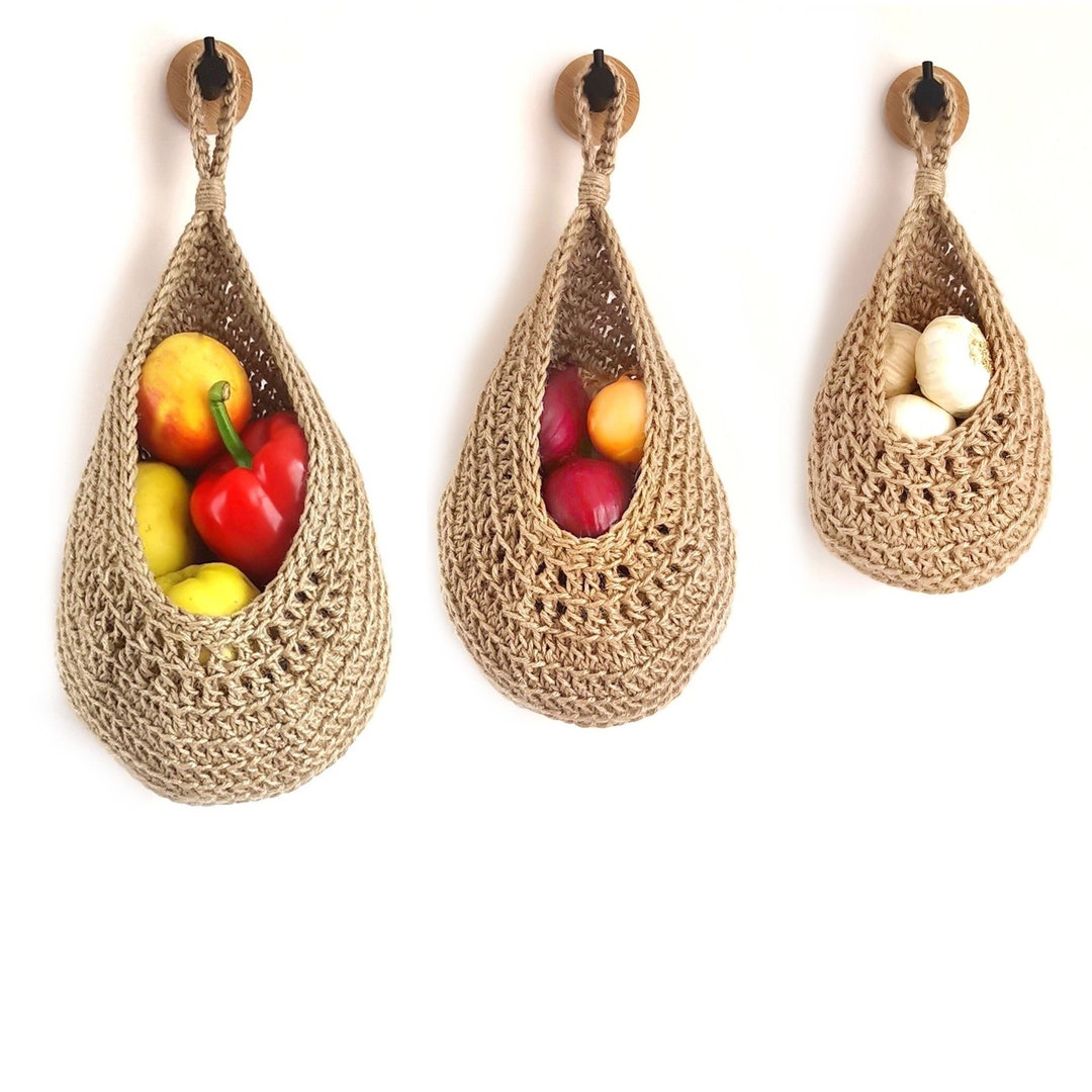 Set of Three Jute Wall Hanging Baskets Kitchen Storage Etsy