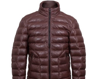 Men's Brown leather puffer jacket / Bubble Jacket / Padded jacket / Men hoodie leather jacket /  Puffy jacket / Winter jacket