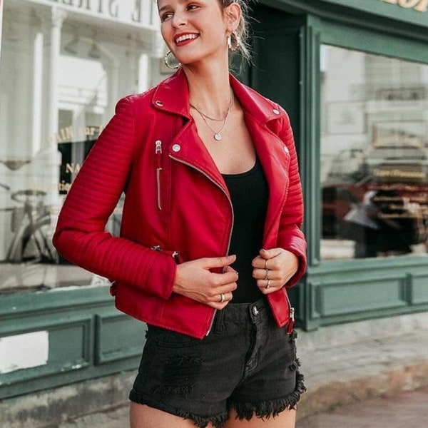 Red Women's Lambskin Soft Real Leather Jacket Motorcycle Slim Fit Biker Jacket E - Foto 10