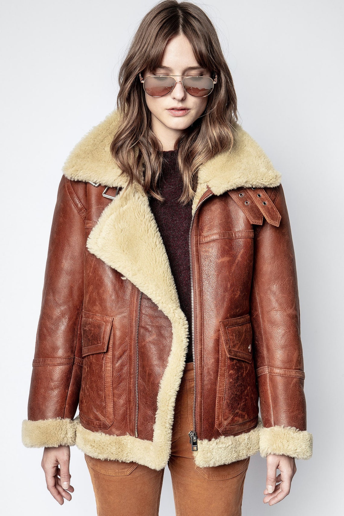 Women Shearling Pilot Faux Fur Aviator Brown Leather Jacket / Etsy UK