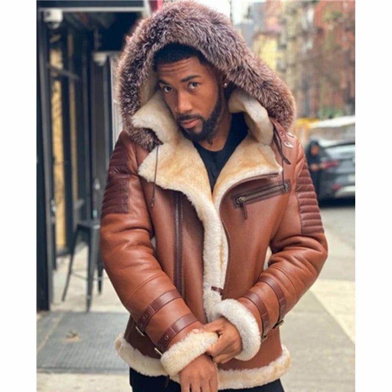 mens leather coat with fur hood