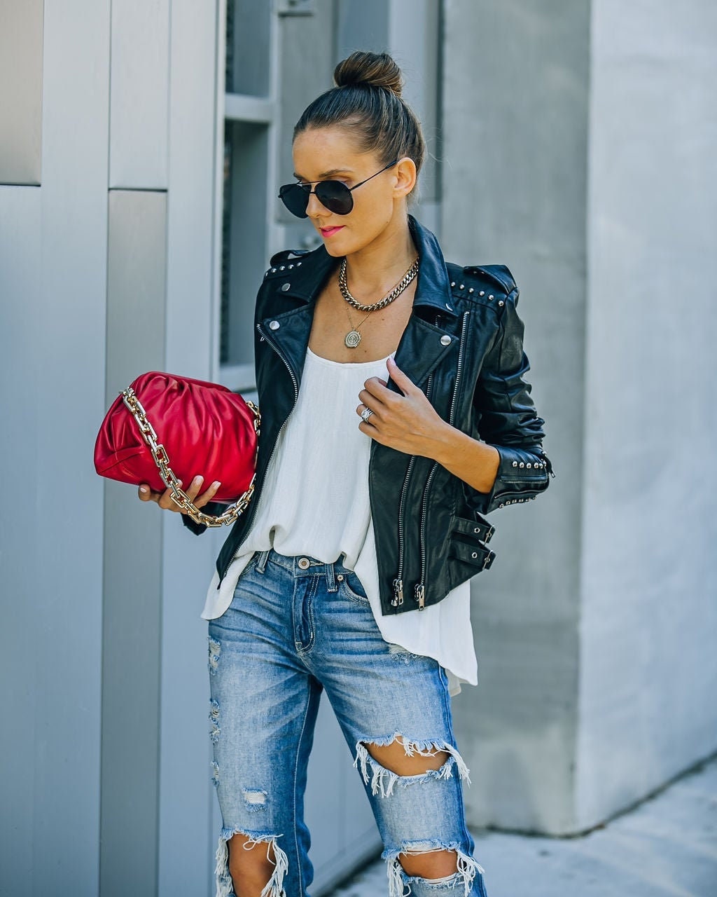 New Women Black Leather Studded Moto 