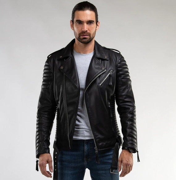 Men's Black Genuine Leather Quilted Biker - Etsy