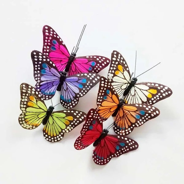 12 pcs Assorted feather hand painted monarch butterfly for wedding decorations Flower Arrangements party decoration Crafts Butterfly Floral