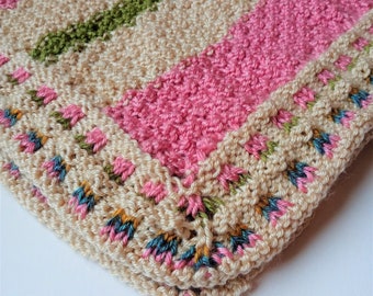 Handknit Baby Blanket: Pink Cream Waffle Knit Afghan