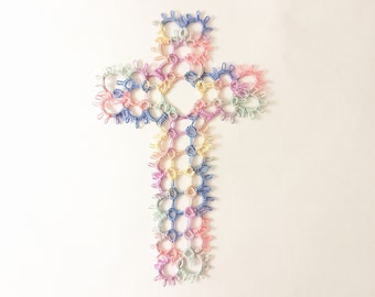 Extra Large Pastel Rainbow Tatted Cross Bookmark, Marker for Large Print or Children's Bible, Baptism, Confirmation or Christian Themed Gift