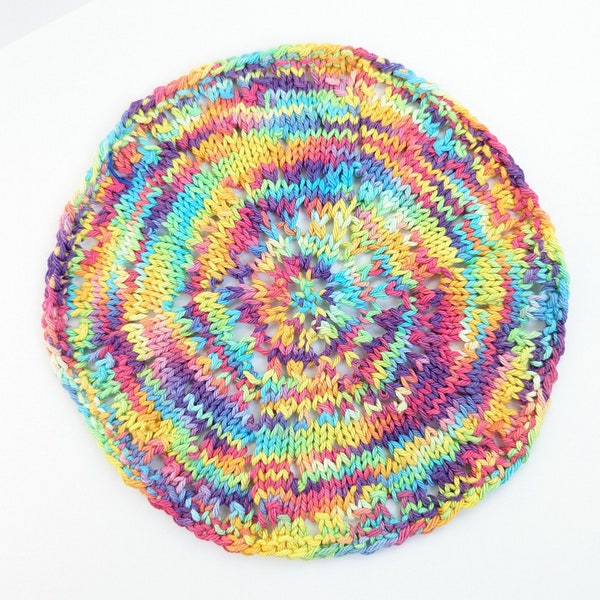 Round Rainbow Handknit Dishcloth, Old Fashioned Cotton Knit Dishrag, Handmade Washcloth, Eco Friendly Kitchen Sponge Alternative