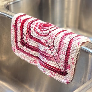 Hand Knitted Cotton Valentine Dish Cloth: Red, Pink, and White