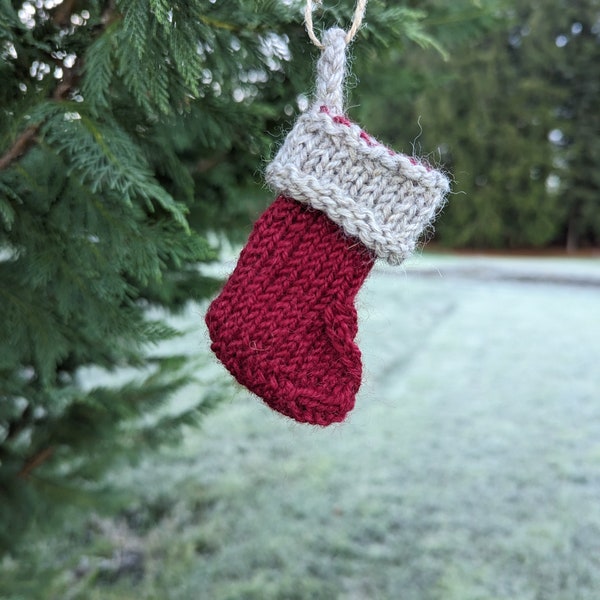 Miniature Red Handknit Christmas Stocking Tree Ornament, Small Christmas Gift Ideas,  Natural Alpaca and Sheep's Wool Holiday Decoration