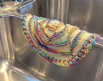 Handknit Dishcloth in Rainbow and Yellow, Cotton Handmade Dishrag, Round Pinwheel Washcloth