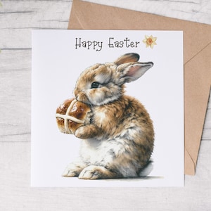 A5 Happy Easter Greeting Card, Cute Card for Easter, Floral Easter Cards, Hot Cross Bunny, Happy Easter Card, Rabbit Easter Card