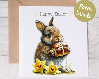 A5/A6 Happy Easter Greeting Card, Cute Card for Easter, Floral Easter Cards, Hot Cross Bunny, Happy Easter Card, Rabbit Easter Card