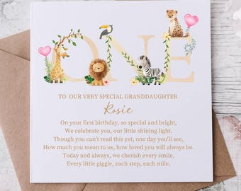 Granddaughter 1st Birthday Card Personalised granddaughter First Birthday Card Grandaughter Safari Jungle 1st Birthday Card