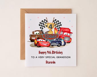 Grandson Cars 4TH Birthday Card, Cars 4TH birthday card, any age or relation