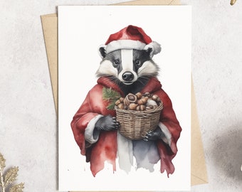 Watercolour Badger Christmas Card Woodland Animal Christmas Card Natural Badger Christmas Card personalised Badger Christmas Card